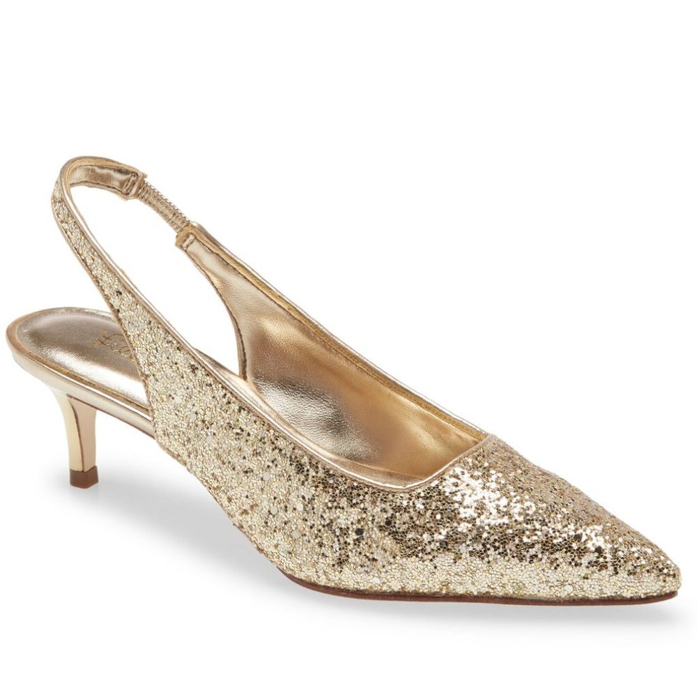Lilly Pulitzer Shaina Size 7 Gold Metallic Glitter Slingback Kitten Heel Pump